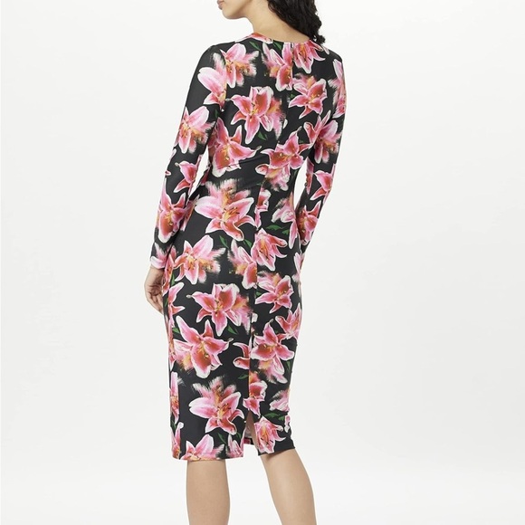 Jonathan Cohen Women’s Black Pink Floral Hibiscus Bodycon Long Sleeve Midi Dress - Picture 2 of 11